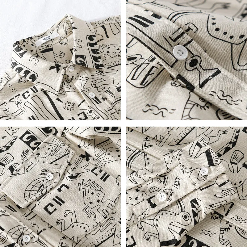 Herren Leichtes Baumwoll-Overshirt mit künstlerischem Linien-Print und doppelter Brusttasche Drune