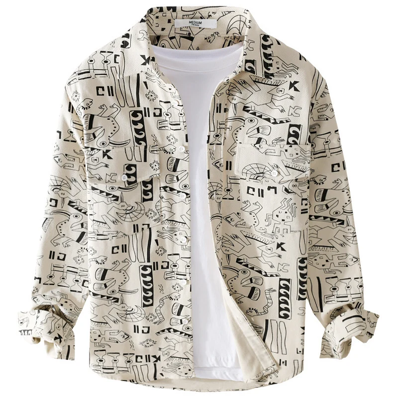 Herren Leichtes Baumwoll-Overshirt mit künstlerischem Linien-Print und doppelter Brusttasche Drune