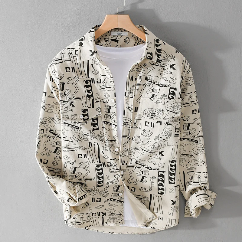 Herren Leichtes Baumwoll-Overshirt mit künstlerischem Linien-Print und doppelter Brusttasche Drune