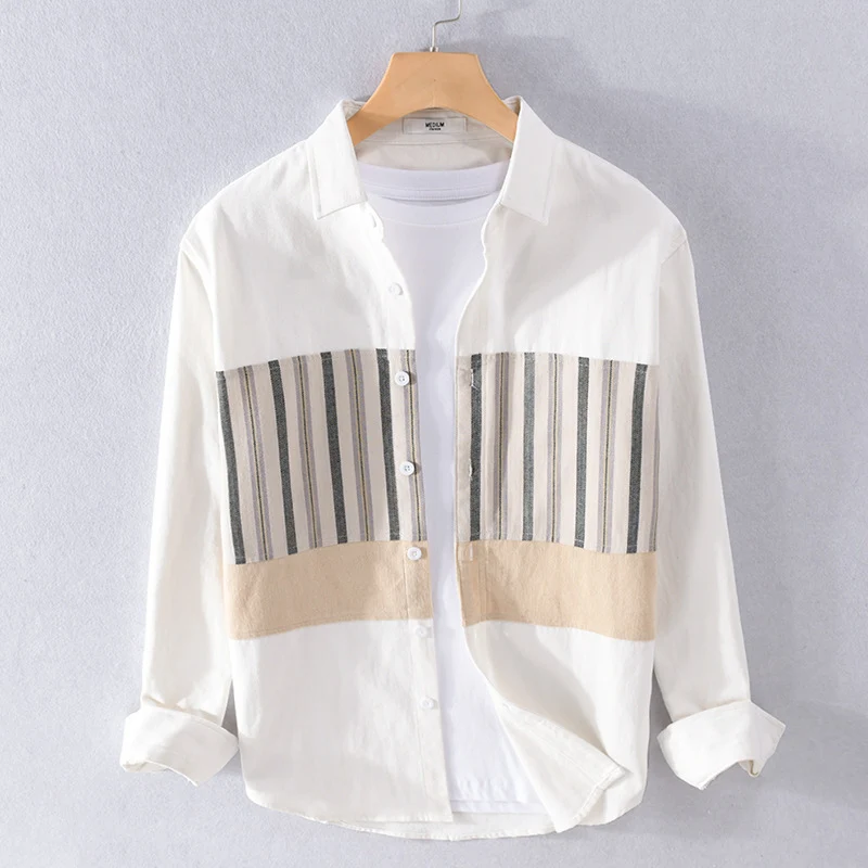 Herren Leichtes Baumwoll-Overshirt mit eingewebten Streifenpanelen und Kentkragen Drune