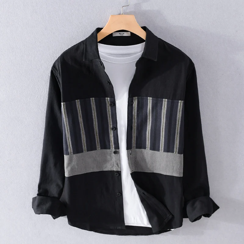 Herren Leichtes Baumwoll-Overshirt mit eingewebten Streifenpanelen und Kentkragen Drune