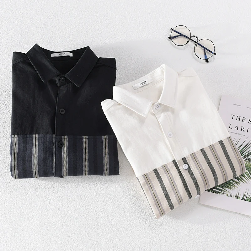 Herren Leichtes Baumwoll-Overshirt mit eingewebten Streifenpanelen und Kentkragen Drune