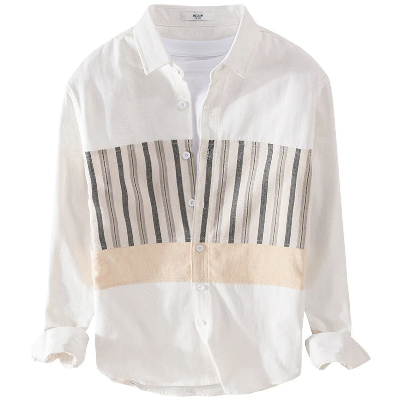 Herren Leichtes Baumwoll-Overshirt mit eingewebten Streifenpanelen und Kentkragen Drune