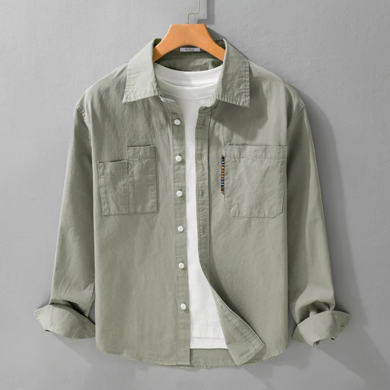 Herren Leichtes Baumwoll-Overshirt mit Doppel-Brusttaschen und Kentkragen Drune