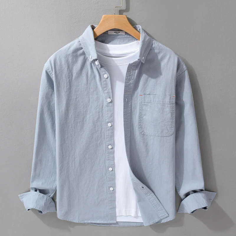 Herren Leichtes Baumwoll-Overshirt im Hemdjacken-Stil mit Brusttasche und Button-Down-Kragen Drune