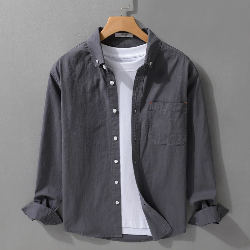 Herren Leichtes Baumwoll-Overshirt im Hemdjacken-Stil mit Brusttasche und Button-Down-Kragen Drune