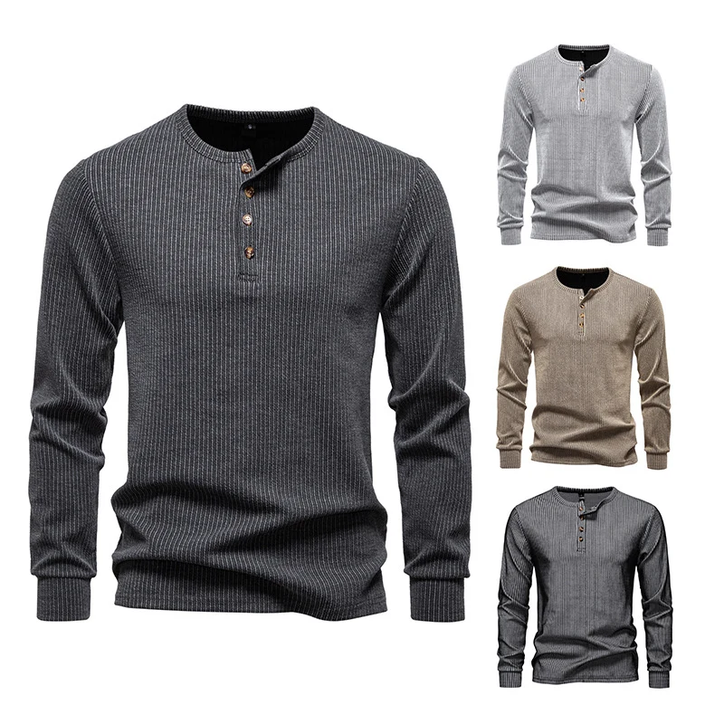 Herren Slim-Fit Gerippter Henley-Langarmpullover mit Rundhalsausschnitt und Knopfleiste Drune