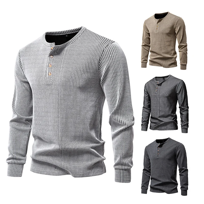 Herren Slim-Fit Gerippter Henley-Langarmpullover mit Rundhalsausschnitt und Knopfleiste Drune