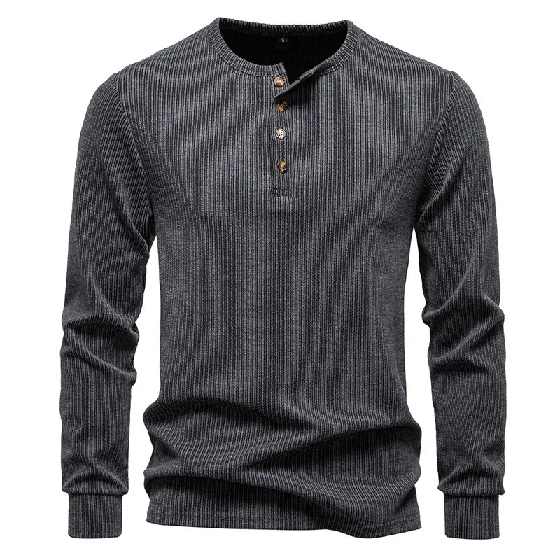 Herren Slim-Fit Gerippter Henley-Langarmpullover mit Rundhalsausschnitt und Knopfleiste Drune