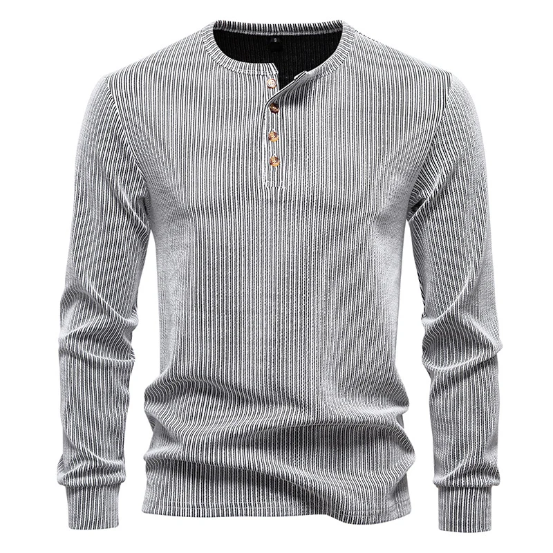 Herren Slim-Fit Gerippter Henley-Langarmpullover mit Rundhalsausschnitt und Knopfleiste Drune