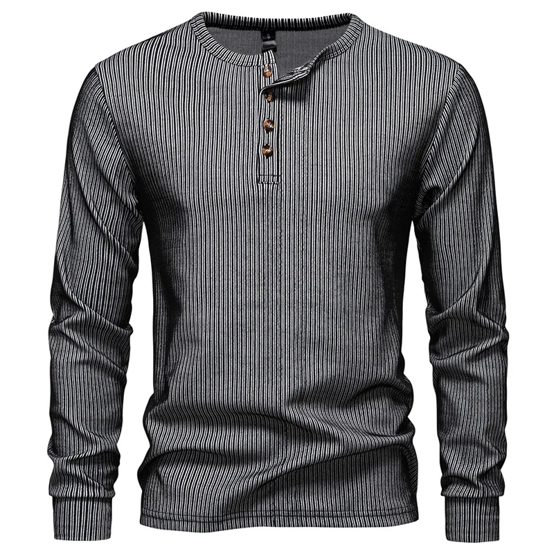 Herren Slim-Fit Gerippter Henley-Langarmpullover mit Rundhalsausschnitt und Knopfleiste Drune