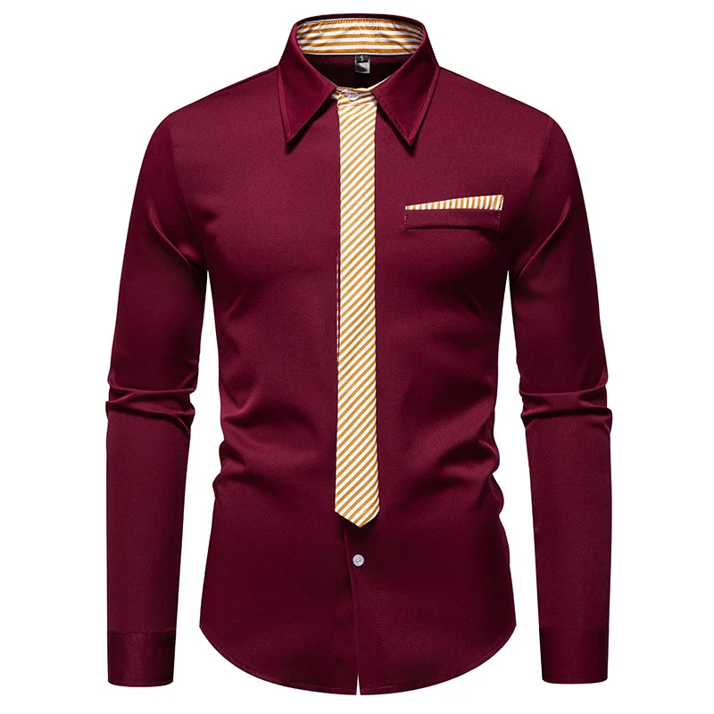 Herren Slim-Fit Businesshemd mit integrierter Krawatten-Optik und Brusttasche Drune