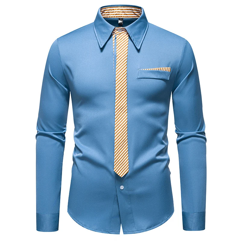 Herren Slim-Fit Businesshemd mit integrierter Krawatten-Optik und Brusttasche Drune