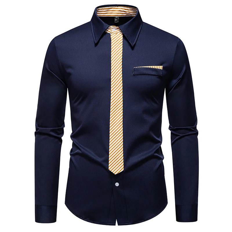 Herren Slim-Fit Businesshemd mit integrierter Krawatten-Optik und Brusttasche Drune