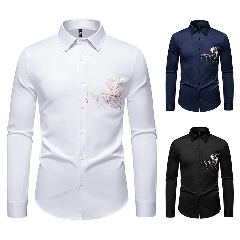 Herren Slim-Fit Businesshemd mit aufwendiger Bruststickerei und Kentkragen Drune