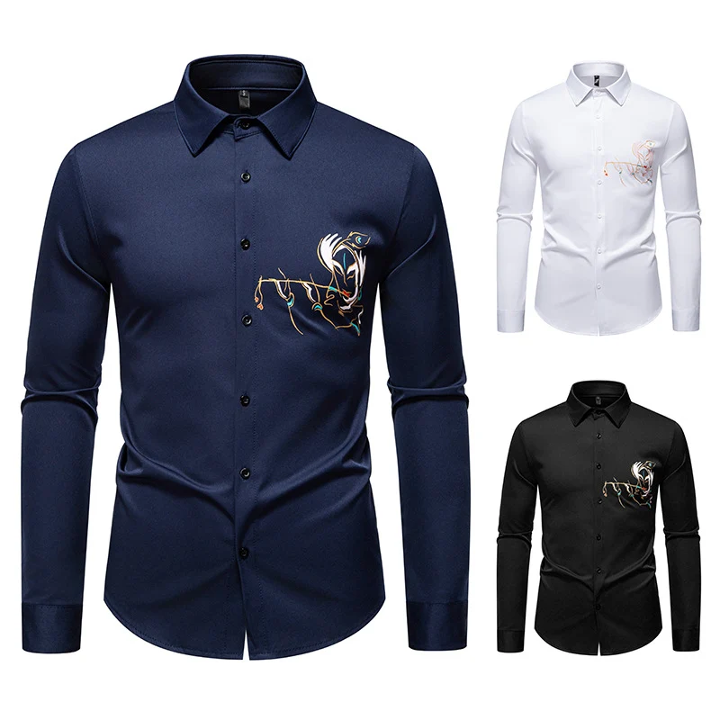 Herren Slim-Fit Businesshemd mit aufwendiger Bruststickerei und Kentkragen Drune