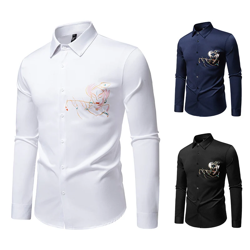 Herren Slim-Fit Businesshemd mit aufwendiger Bruststickerei und Kentkragen Drune