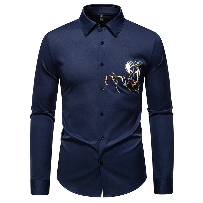 Herren Slim-Fit Businesshemd mit aufwendiger Bruststickerei und Kentkragen Drune