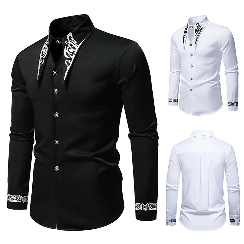 Herren Slim-Fit Business-Hemd mit Stickerei am Kragen und Manschetten Drune