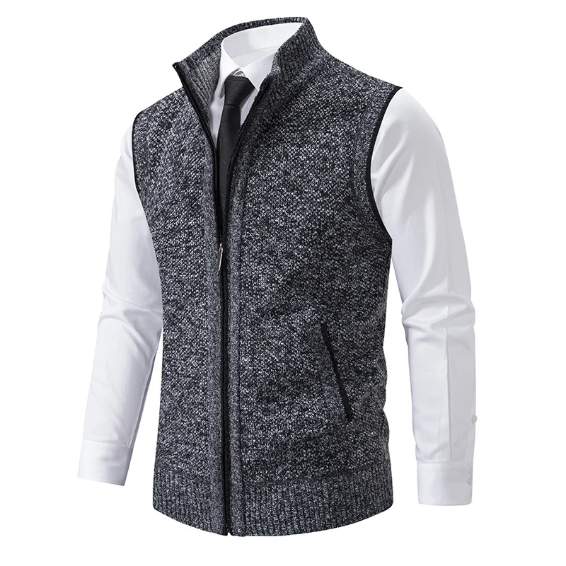 Herren Slim-Fit Ärmellose Strukturstrickweste mit Stehkragen und Frontreißverschluss Drune
