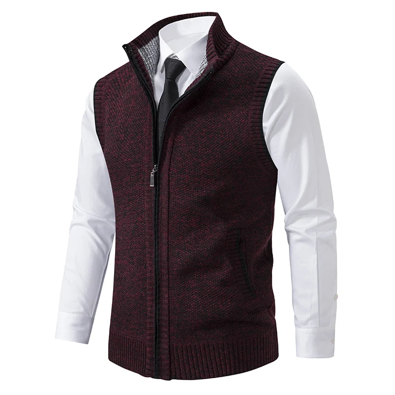 Herren Slim-Fit Ärmellose Strukturstrickweste mit Stehkragen und Frontreißverschluss Drune