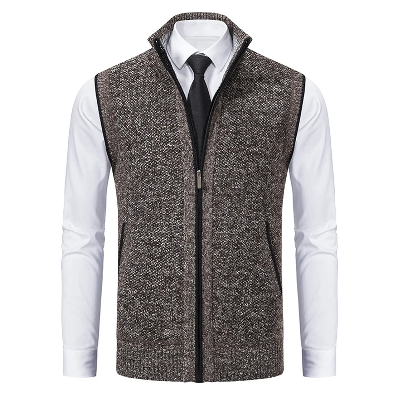 Herren Slim-Fit Ärmellose Strukturstrickweste mit Stehkragen und Frontreißverschluss Drune