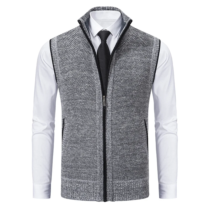 Herren Slim-Fit Ärmellose Strukturstrickweste mit Stehkragen und Frontreißverschluss Drune