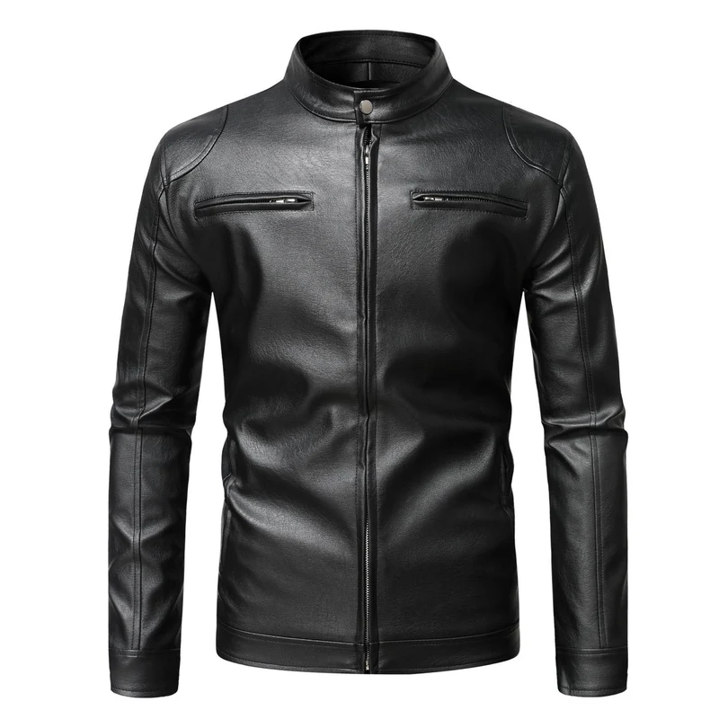 Herren Schmale Lederjacke im Urban-Bikerstil mit Stehkragen und Brust-Reißverschlusstaschen Drune