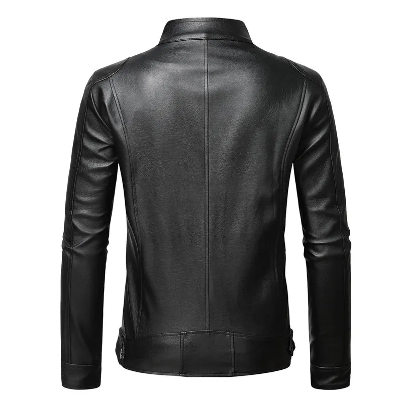 Herren Schmale Lederjacke im Urban-Bikerstil mit Stehkragen und Brust-Reißverschlusstaschen Drune