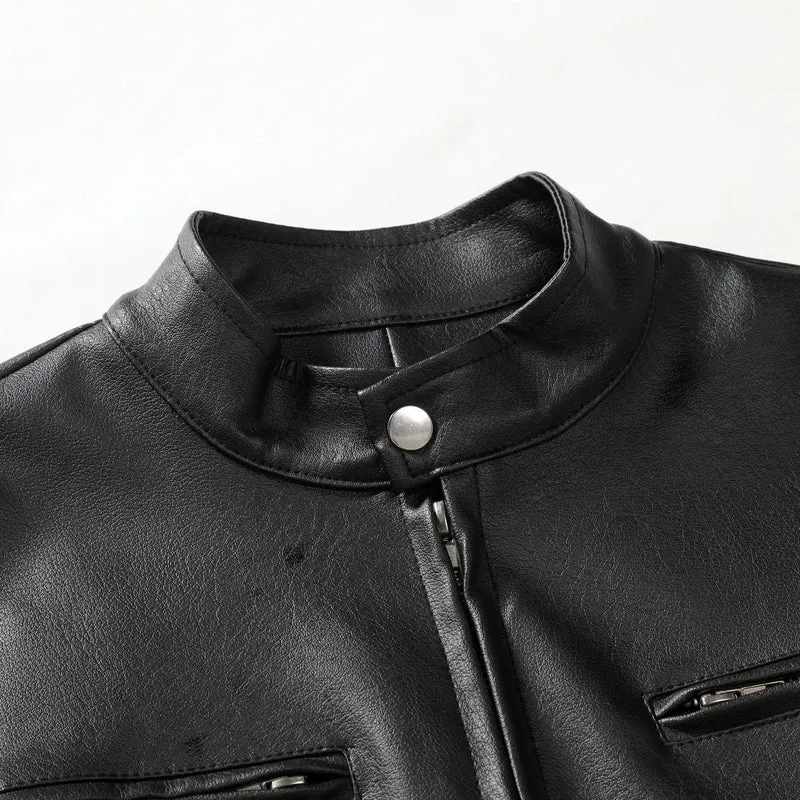 Herren Schmale Lederjacke im Urban-Bikerstil mit Stehkragen und Brust-Reißverschlusstaschen Drune