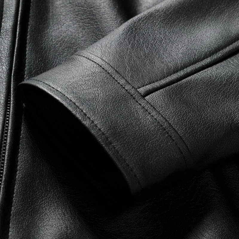 Herren Schmale Lederjacke im Urban-Bikerstil mit Stehkragen und Brust-Reißverschlusstaschen Drune