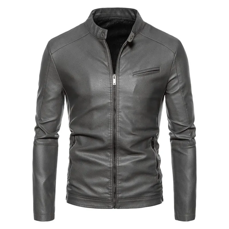 Herren Schmale Kunstleder-Bikerjacke mit Stehkragen, Innenfutter aus Kunstfell und Reißverschlusstaschen Drune