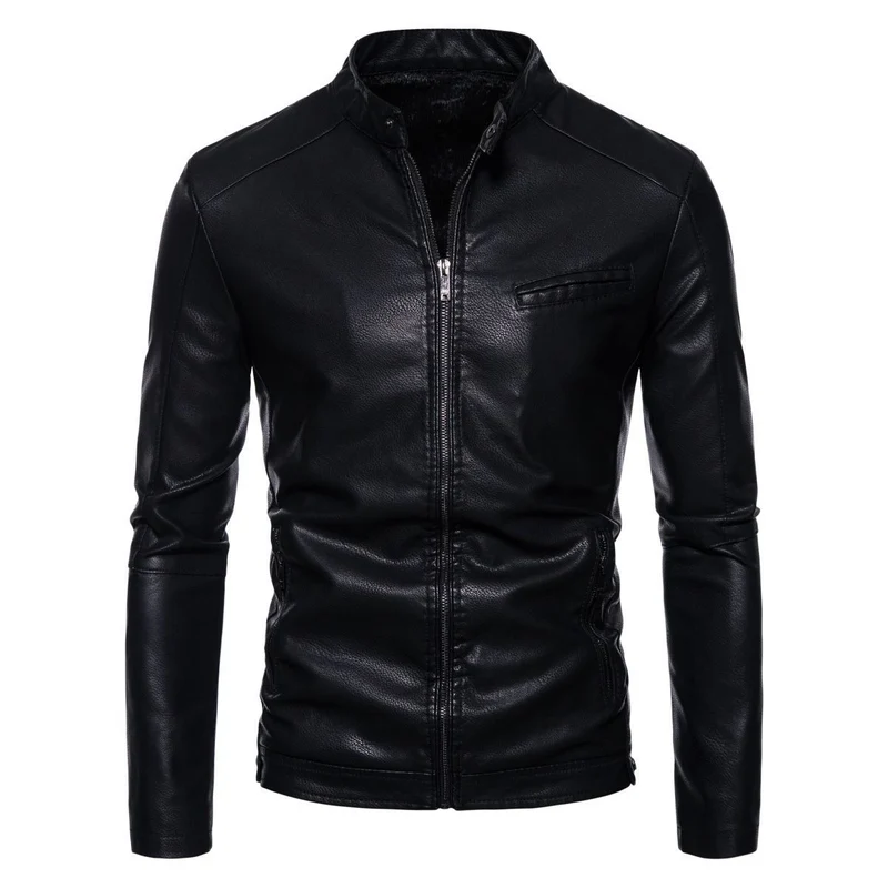 Herren Schmale Kunstleder-Bikerjacke mit Stehkragen, Innenfutter aus Kunstfell und Reißverschlusstaschen Drune