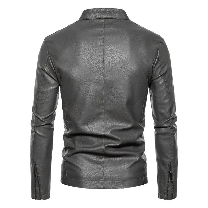 Herren Schmale Kunstleder-Bikerjacke mit Stehkragen, Innenfutter aus Kunstfell und Reißverschlusstaschen Drune