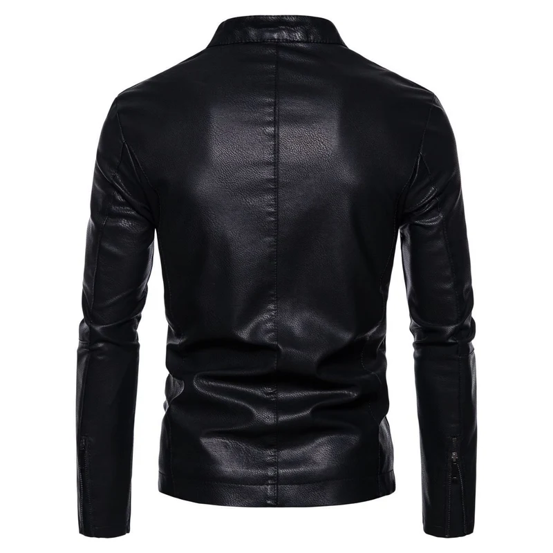 Herren Schmale Kunstleder-Bikerjacke mit Stehkragen, Innenfutter aus Kunstfell und Reißverschlusstaschen Drune