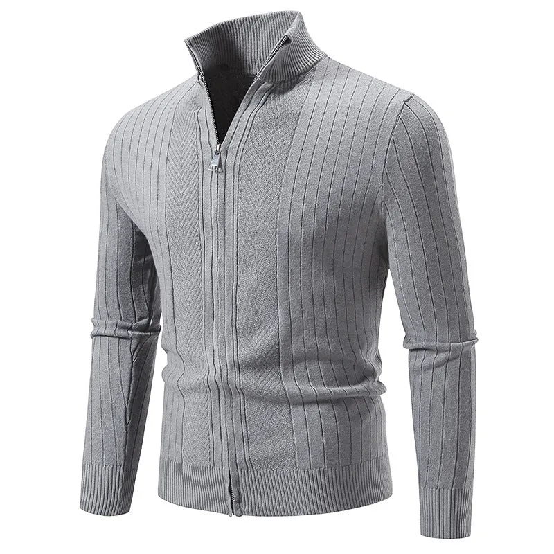 Herren Schmal geschnittene Feinstrick-Zipjacke mit Stehkragen und markanter Rippstruktur Drune