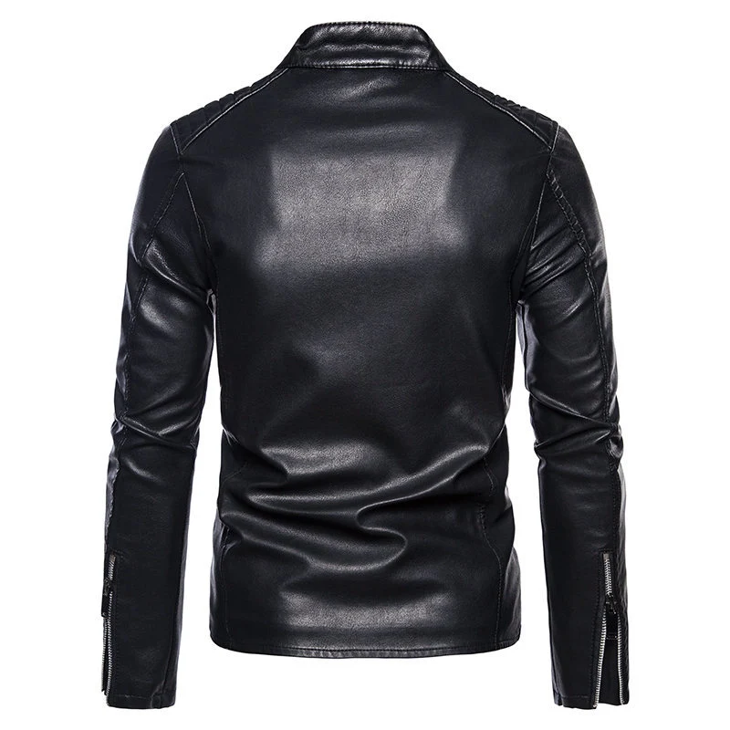 Herren Schlanke Kunstleder-Bikerjacke mit Stehkragen, Steppeinsätzen und Reißverschlusstaschen Drune