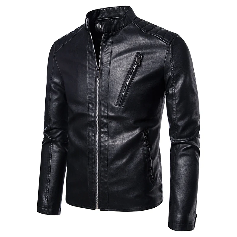 Herren Schlanke Kunstleder-Bikerjacke mit Stehkragen, Steppeinsätzen und Reißverschlusstaschen Drune