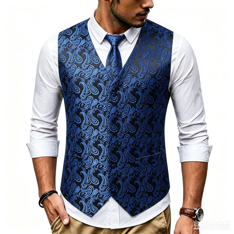 Herren Satin-Jacquard-Weste mit Paisley-Muster und passender Krawatte Drune