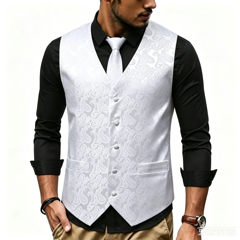 Herren Satin-Jacquard-Weste mit Paisley-Muster und passender Krawatte Drune