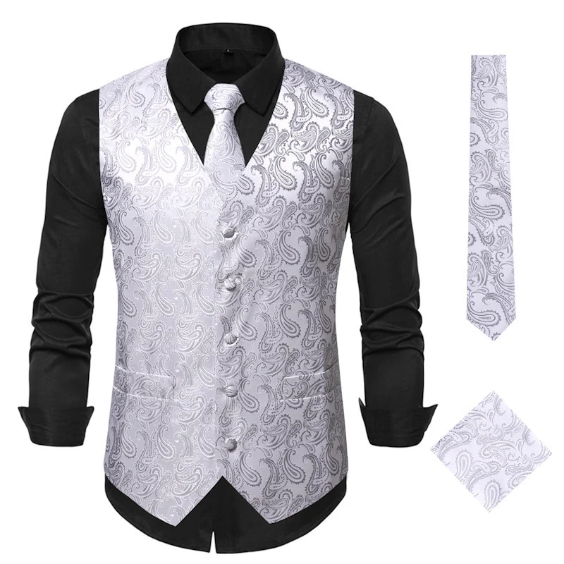 Herren Satin-Jacquard-Weste mit Paisley-Muster und passender Krawatte Drune