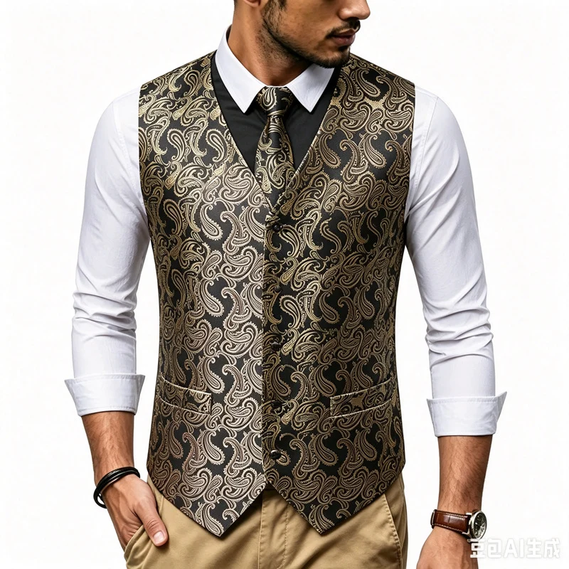 Herren Satin-Jacquard-Weste mit Paisley-Muster und passender Krawatte Drune