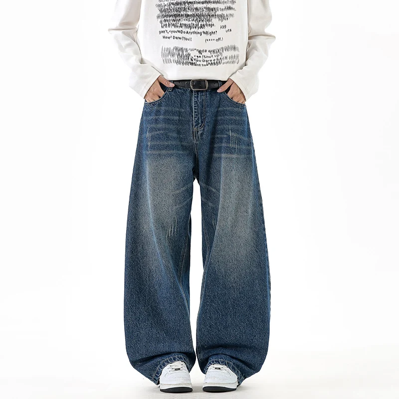 Herren Relaxed Wide‑Leg Denimhose mit extra weitem Bein und Vintage-Fade Drune