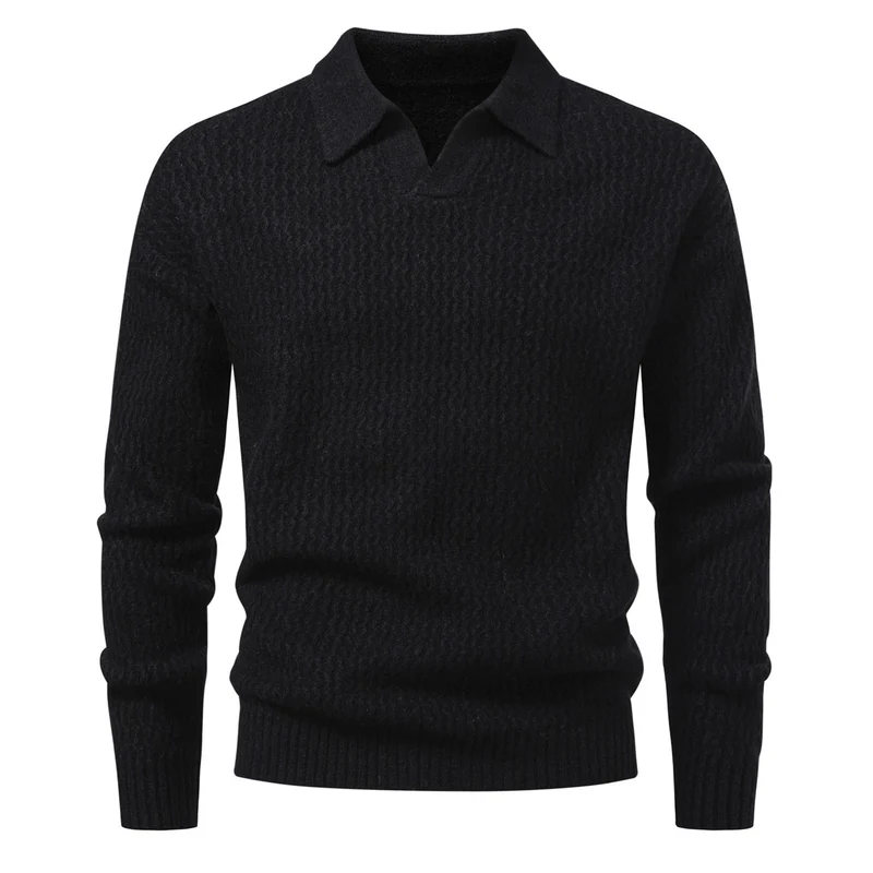 Herren Polokragen-Feinstrickpullover mit strukturierter Wellenoptik und geripptem Saum Drune