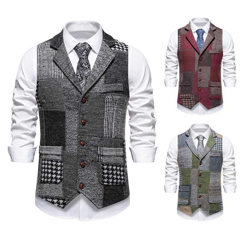 Herren Patchwork-Tweed-Weste mit Reverskragen und Pattentaschen Drune
