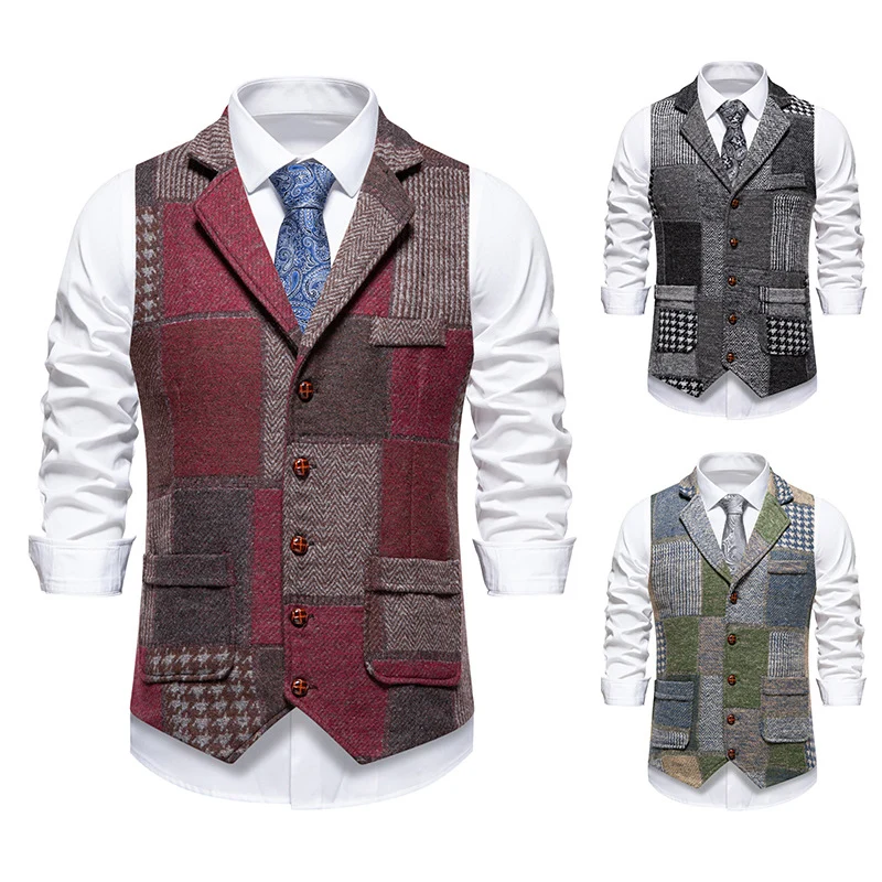 Herren Patchwork-Tweed-Weste mit Reverskragen und Pattentaschen Drune