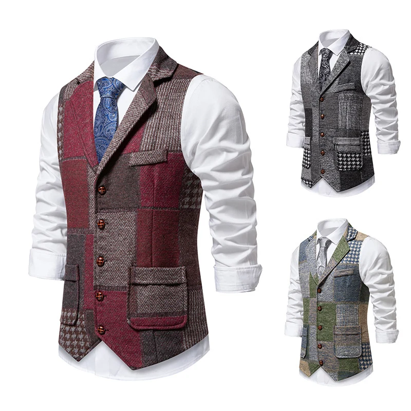 Herren Patchwork-Tweed-Weste mit Reverskragen und Pattentaschen Drune