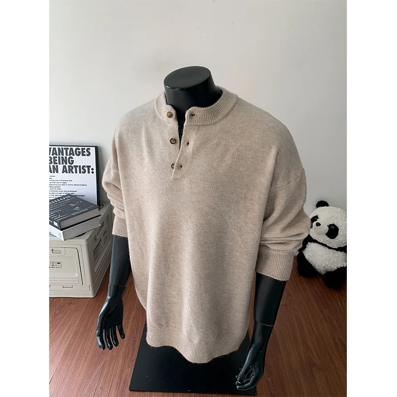 Herren Oversize-Strickpullover mit Henley-Kragen und Halbknopfleiste Drune