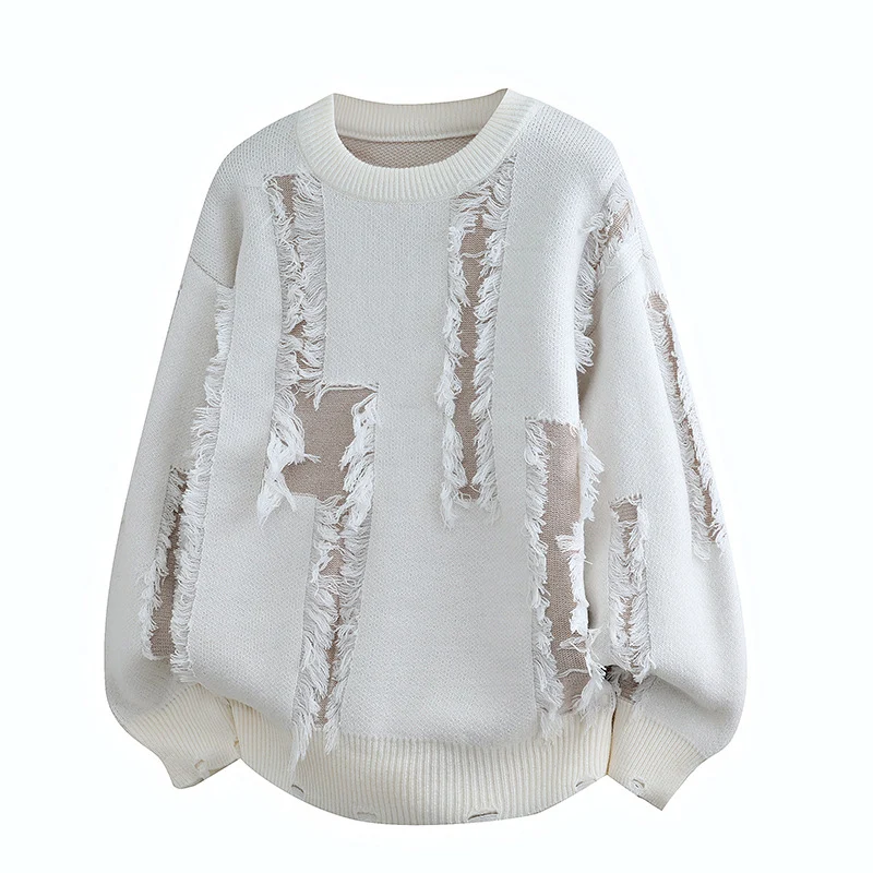 Herren Oversize Strickpullover mit Fransenapplikationen und Balloonärmeln Drune