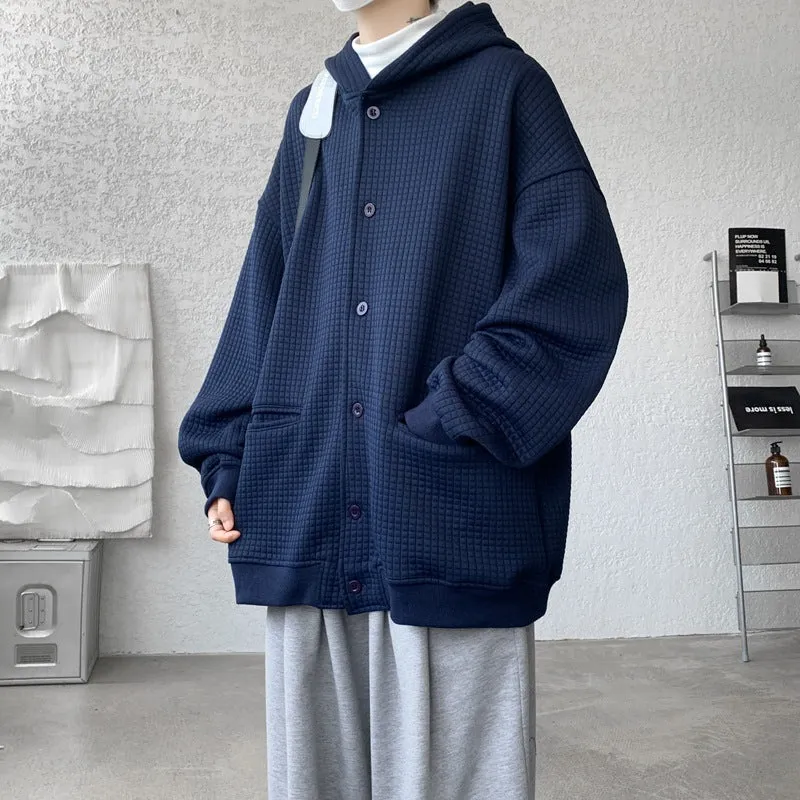 Herren Oversize-Stepp-Kapuzenjacke mit Waffelstruktur, Knopfleiste und Eingrifftaschen Drune